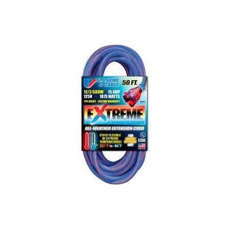 U.S. Wire & Cable U.S. Wire 99050 50 Ft. Three Conductor Artic/Tropic Cord, 12/3 Ga. SJEOW-A, 15A, Blue w/Red Stripe 99050
